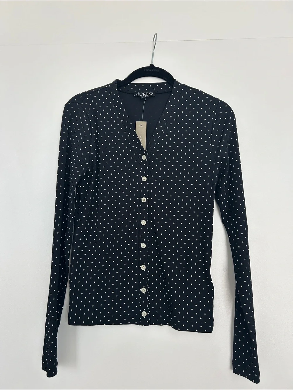 NWT J. Crew Black Polka Dot Button-Front Long Sleeve Top